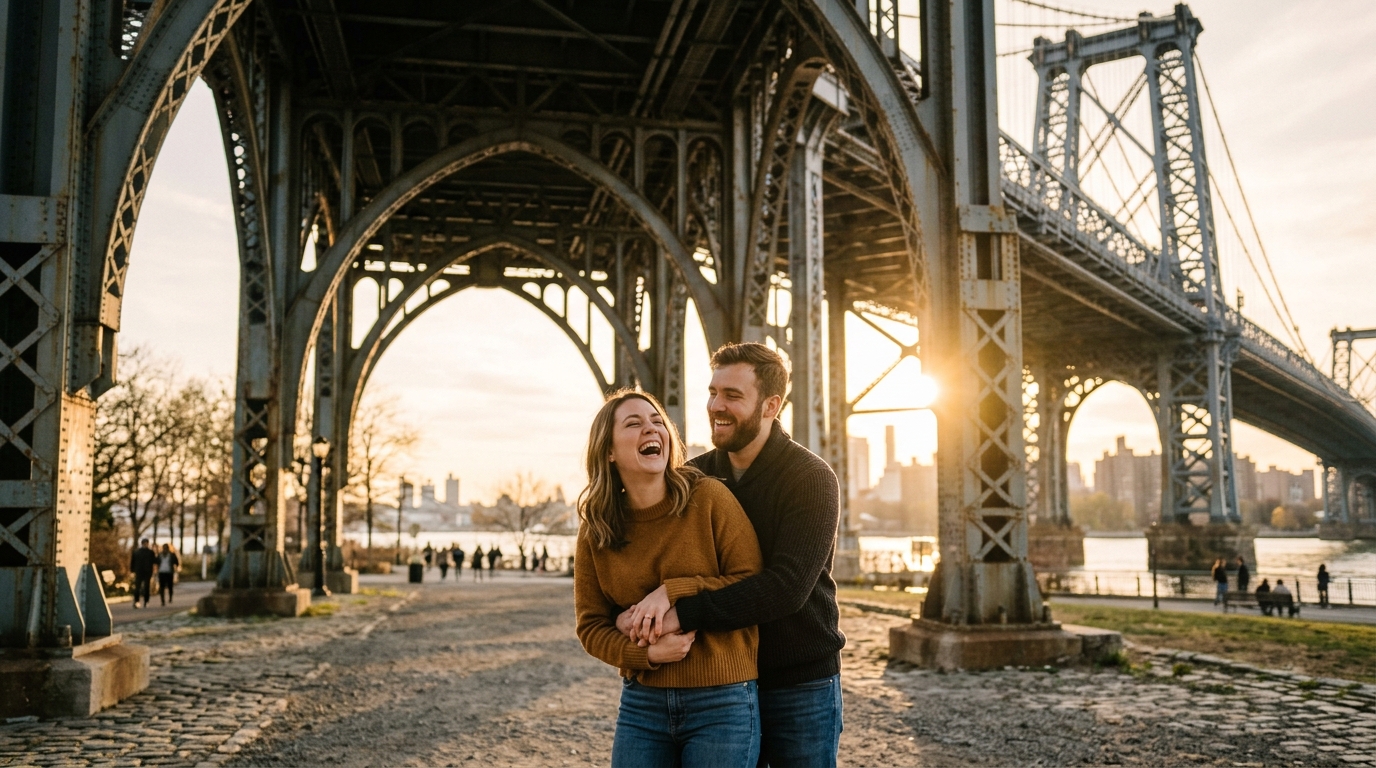 A couple under stone bridge arches at golden hour, from a photographer's portfolio