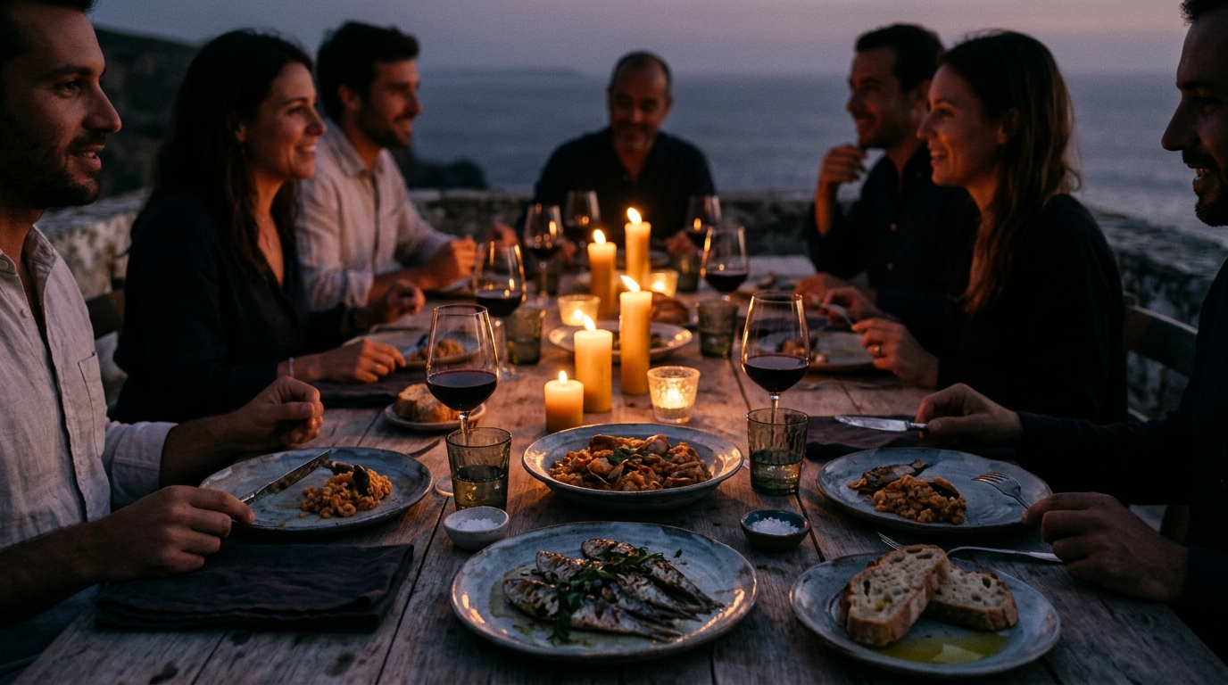 The chef's table at Casa Mirador, set for one sitting of fourteen