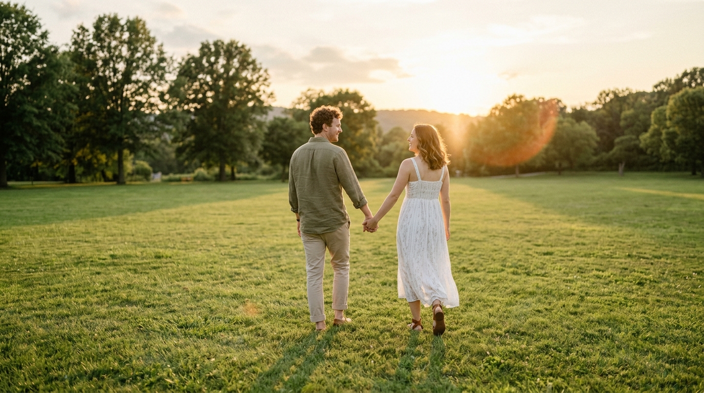 A couple walking across a lawn at golden hour during an engagement shoot
