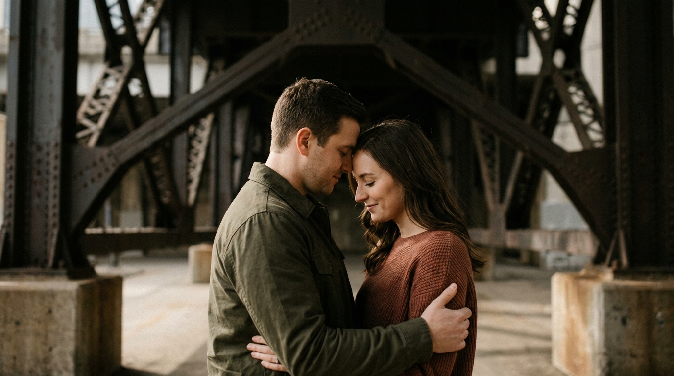 A close portrait of a couple beneath a stone bridge
