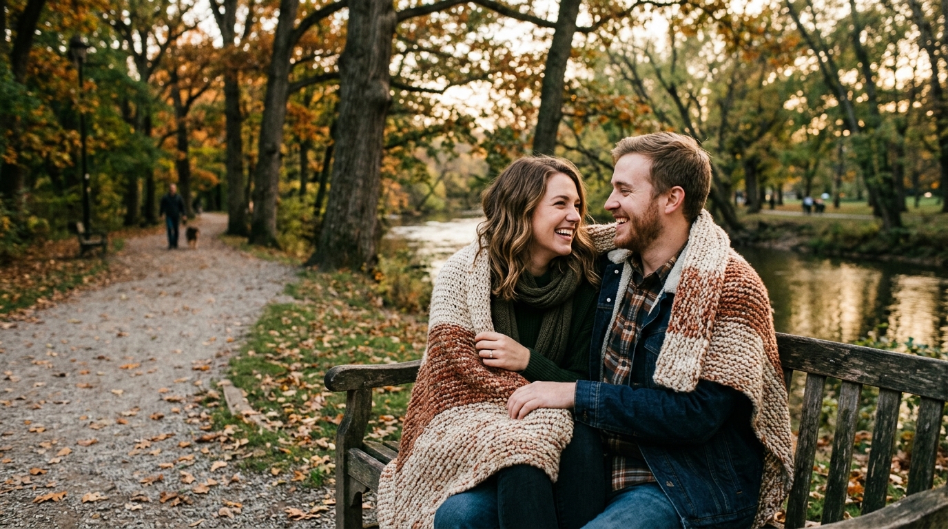 A couple sitting on a bench wrapped in a blanket, photographed for a portrait session