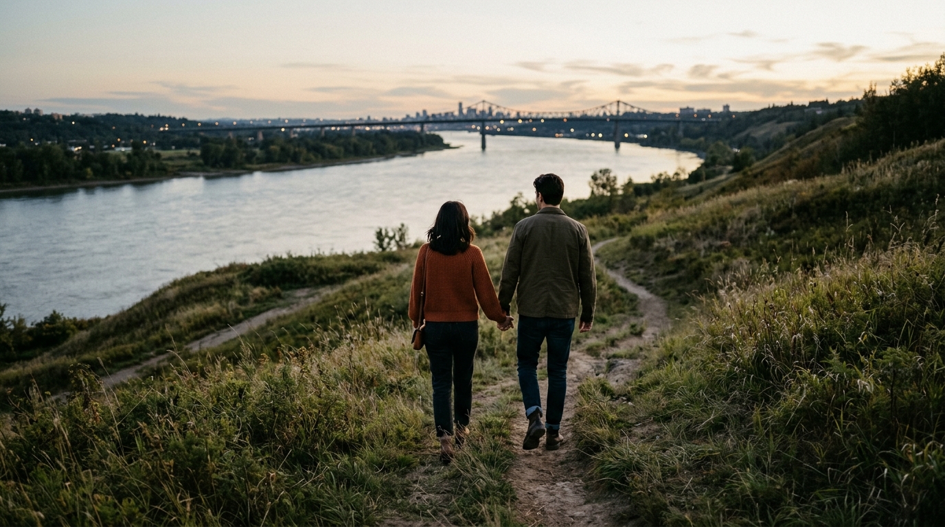 A couple walking toward a river at dusk, a finished gallery image