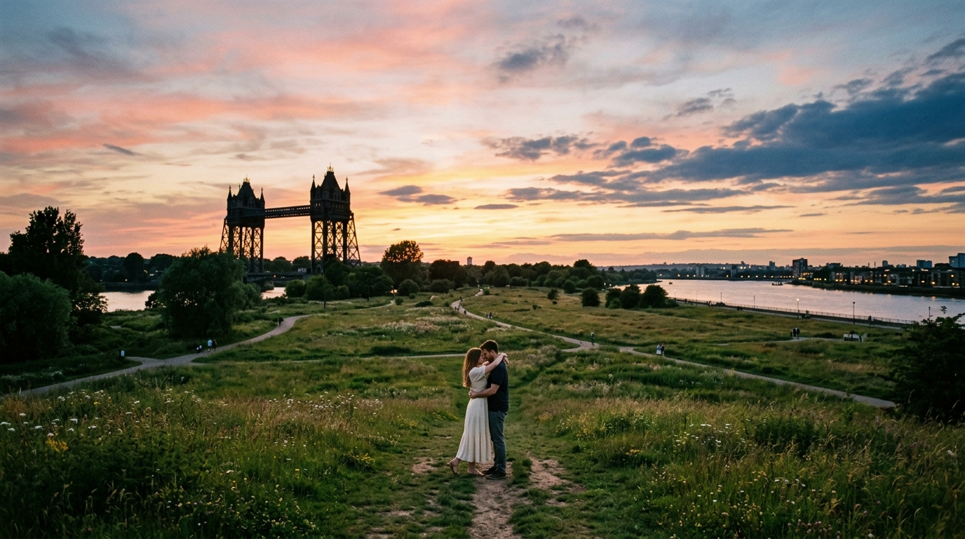 A couple embracing in a wide dusk meadow, photographed at golden hour